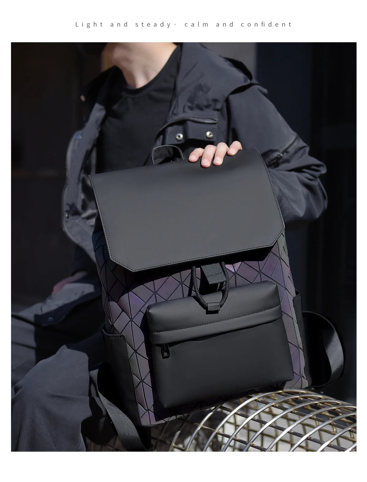 Trendy Brand Backpack Men's Bag Rhombus Laser Reflective Student School Bag Large Capacity Commuter Computer Bag