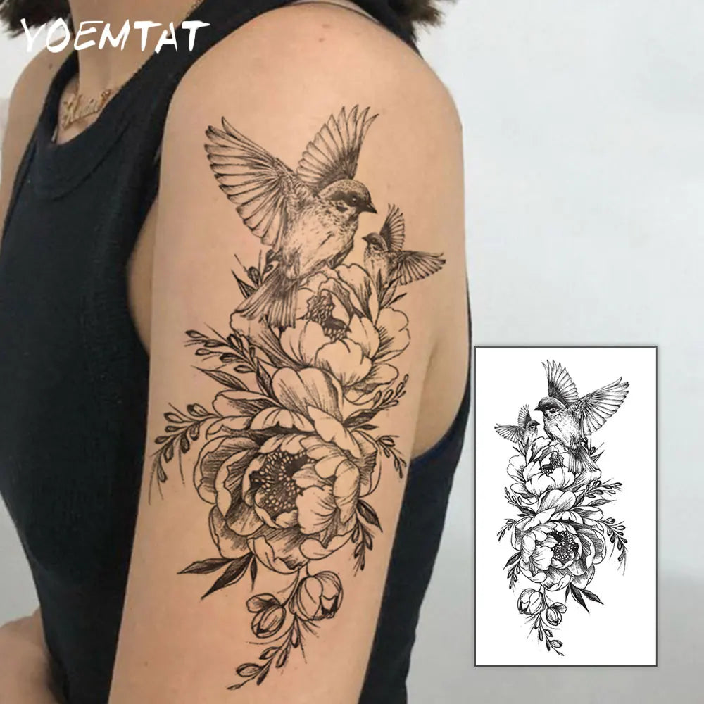 Waterproof Temporary Tattoo Sticker Magpie Peony Flower Cute Pattern Body Art Arm Fake Tattoos Sleeve Women Men Chest Waist Legs