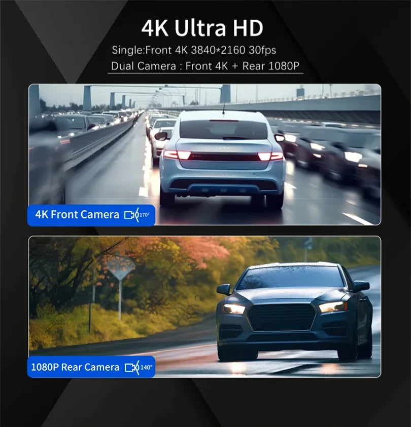 E-ACE UHD 4K Dashcam With GPS WiFi Night Vision 24h Parking Loop Dual Channel Recording 4K Front and 1080P Rear Dual Lens