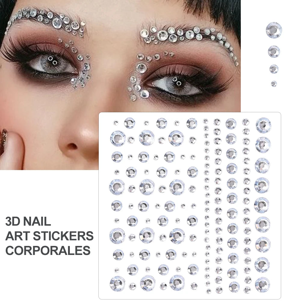 1Sheet Face 3D Diamond Tattoo Stickers Colored Round/Square/Star/Moon/Heart/Drop Rhinestone Shiny DIY Body Makeup Gems Tattoos *