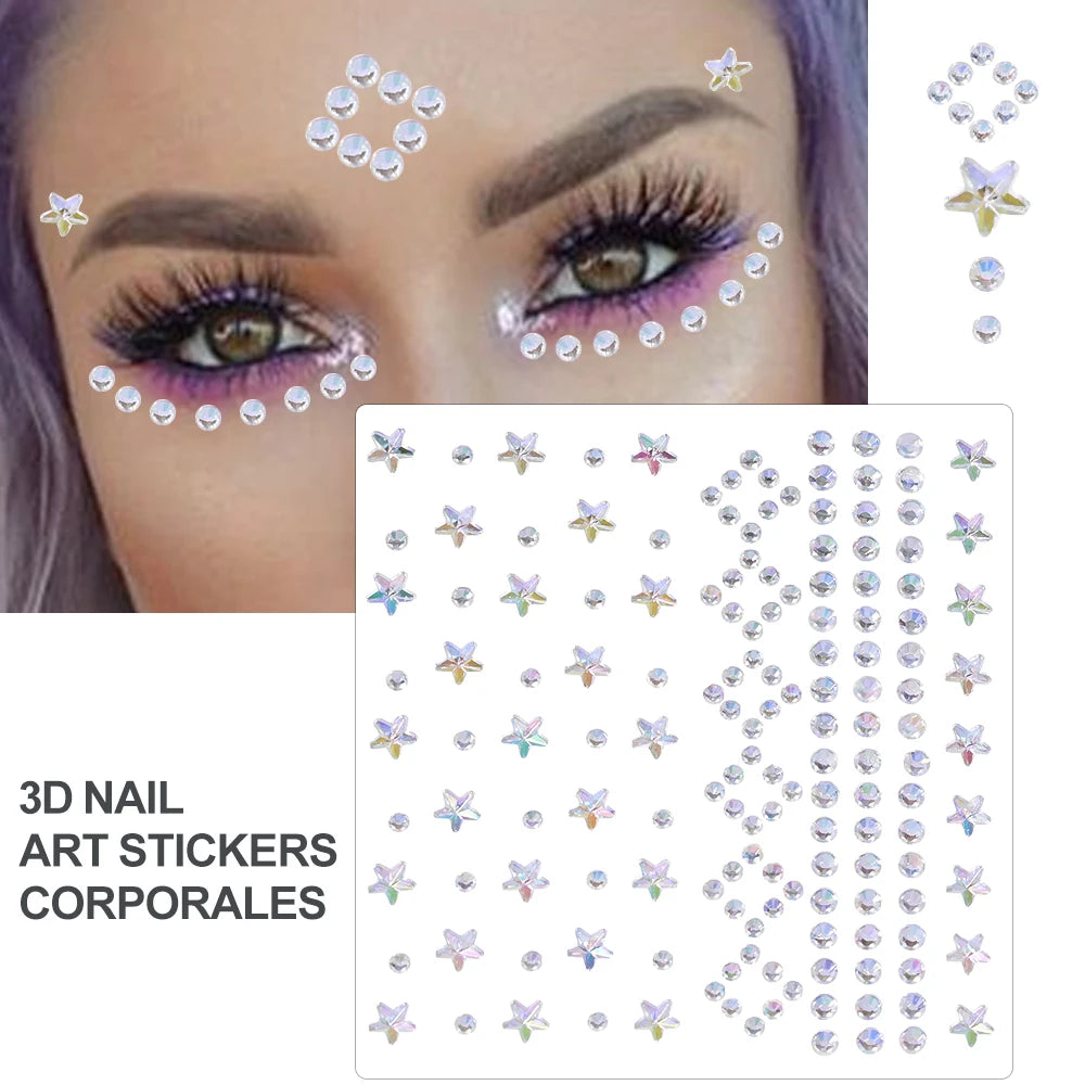 1Sheet Face 3D Diamond Tattoo Stickers Colored Round/Square/Star/Moon/Heart/Drop Rhinestone Shiny DIY Body Makeup Gems Tattoos *