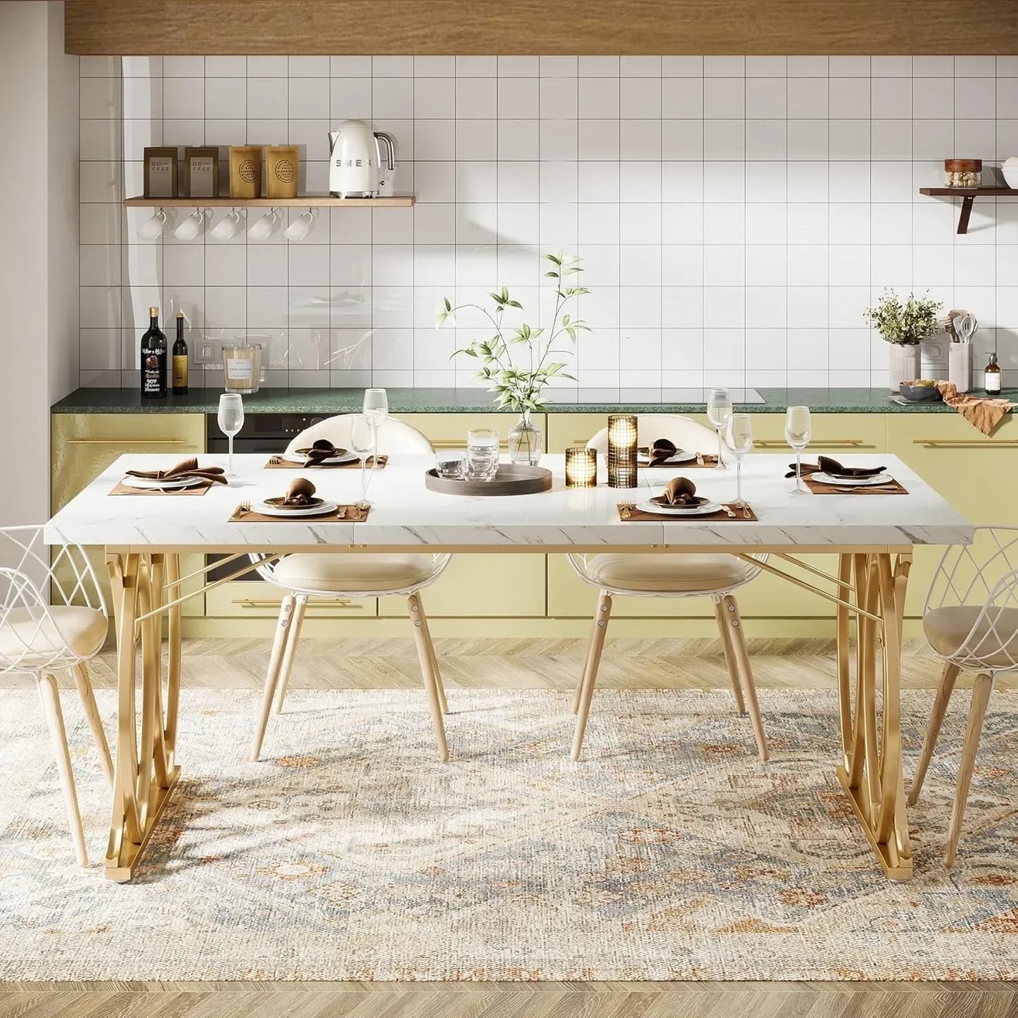 Modern Dining Table, 63" Large Kitchen Table for 4-6 People, Unique Rectangular Dinner Table Kitchen & Dining Room Furniture
