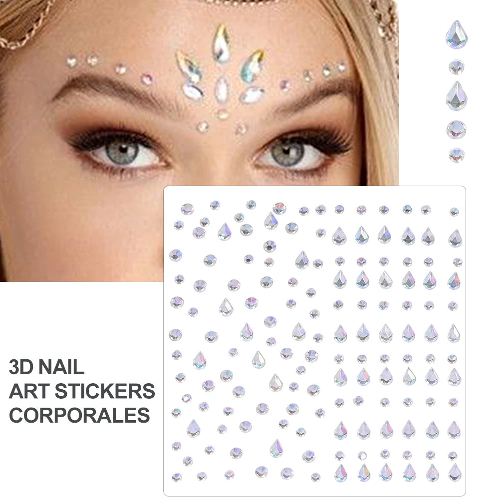 1Sheet Face 3D Diamond Tattoo Stickers Colored Round/Square/Star/Moon/Heart/Drop Rhinestone Shiny DIY Body Makeup Gems Tattoos *