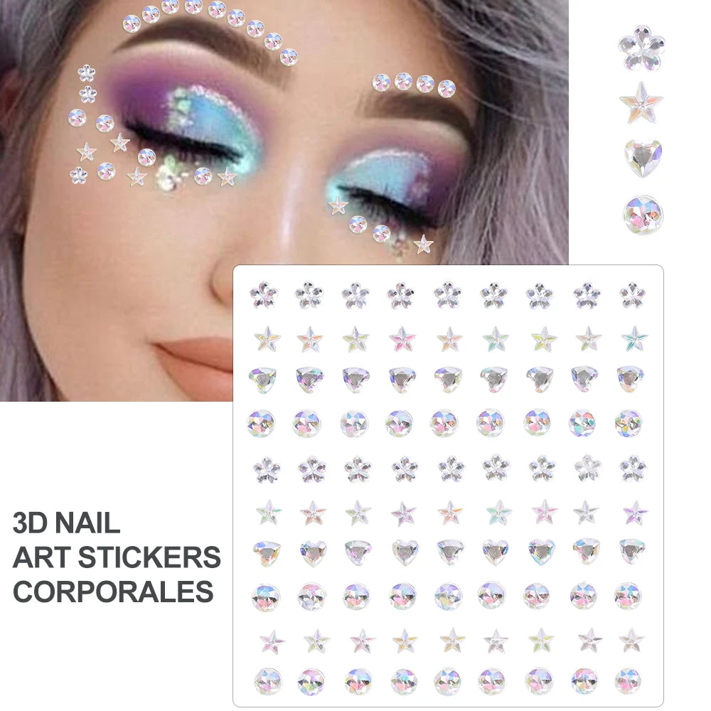 1Sheet Face 3D Diamond Tattoo Stickers Colored Round/Square/Star/Moon/Heart/Drop Rhinestone Shiny DIY Body Makeup Gems Tattoos *