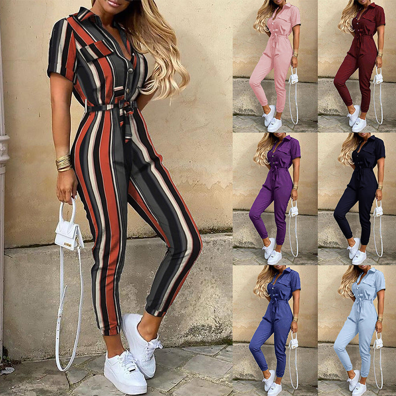 Classic, Casual, Lapel Printed Belt Overalls, Jumpsuit for women