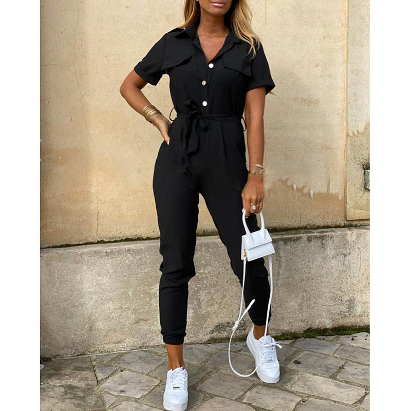 Classic, Casual, Lapel Printed Belt Overalls, Jumpsuit for women