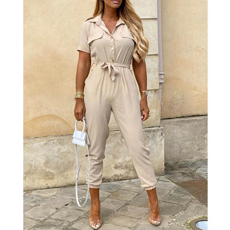 Classic, Casual, Lapel Printed Belt Overalls, Jumpsuit for women