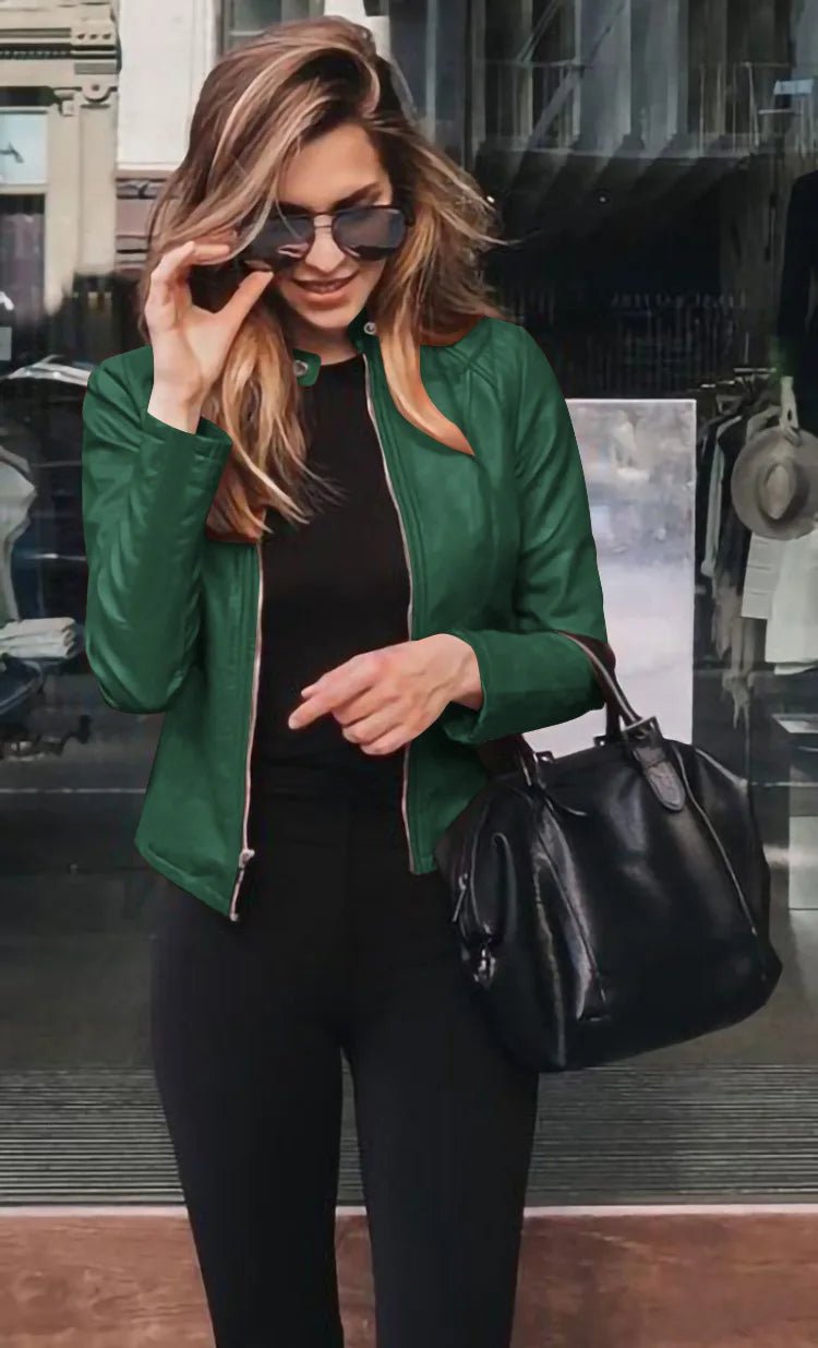 All seasons Leather Jacket for Women. Large Size Solid Color, Elegant Versatile Top PU Coat - WAREHOUSE SHOP