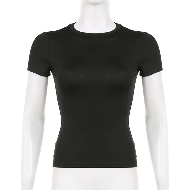 Basic Solid Crop Top Short Sleeve Crewneck Skinny T-shirt Summer Casual Tee for Women Y2K Vintage Top Harajuku Streetwear - WAREHOUSE SHOP