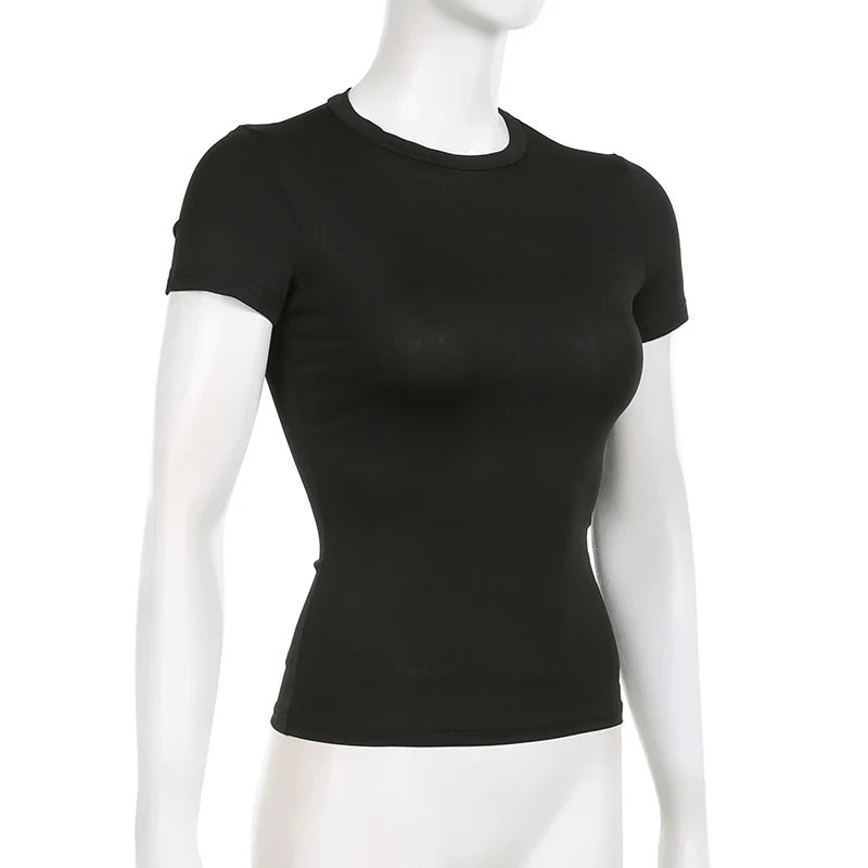 Basic Solid Crop Top Short Sleeve Crewneck Skinny T-shirt Summer Casual Tee for Women Y2K Vintage Top Harajuku Streetwear - WAREHOUSE SHOP
