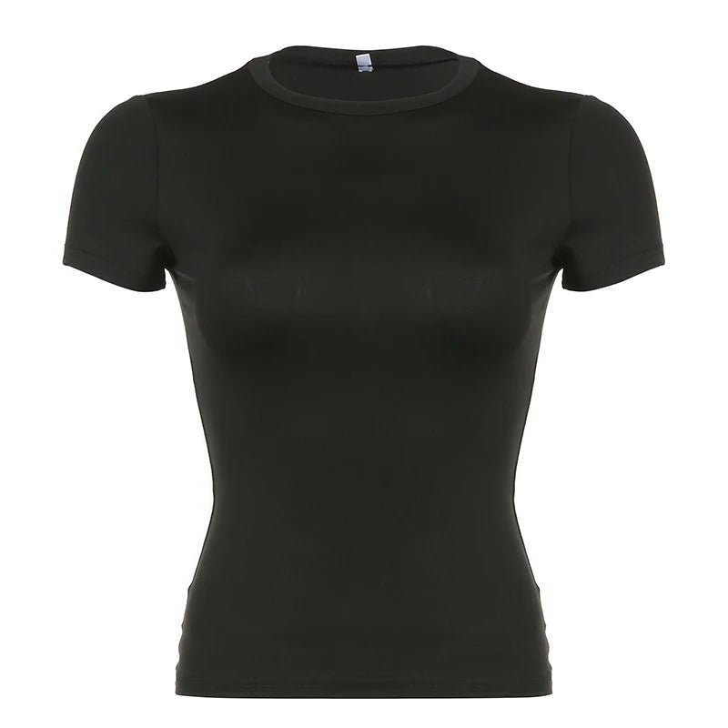Basic Solid Crop Top Short Sleeve Crewneck Skinny T-shirt Summer Casual Tee for Women Y2K Vintage Top Harajuku Streetwear - WAREHOUSE SHOP