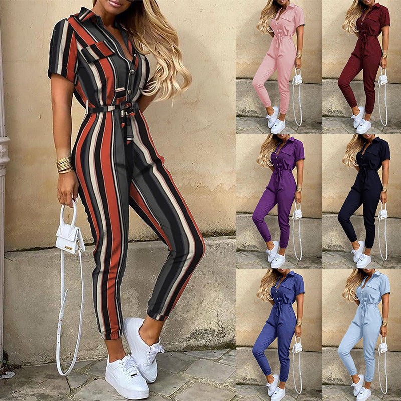 Classic, Casual, Lapel Printed Belt Overalls, Jumpsuit for women - WAREHOUSE SHOP