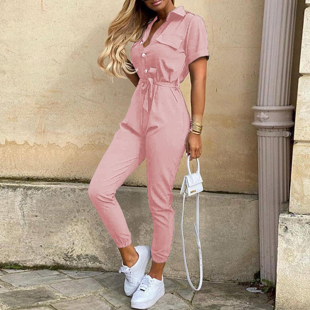 Classic, Casual, Lapel Printed Belt Overalls, Jumpsuit for women - WAREHOUSE SHOP