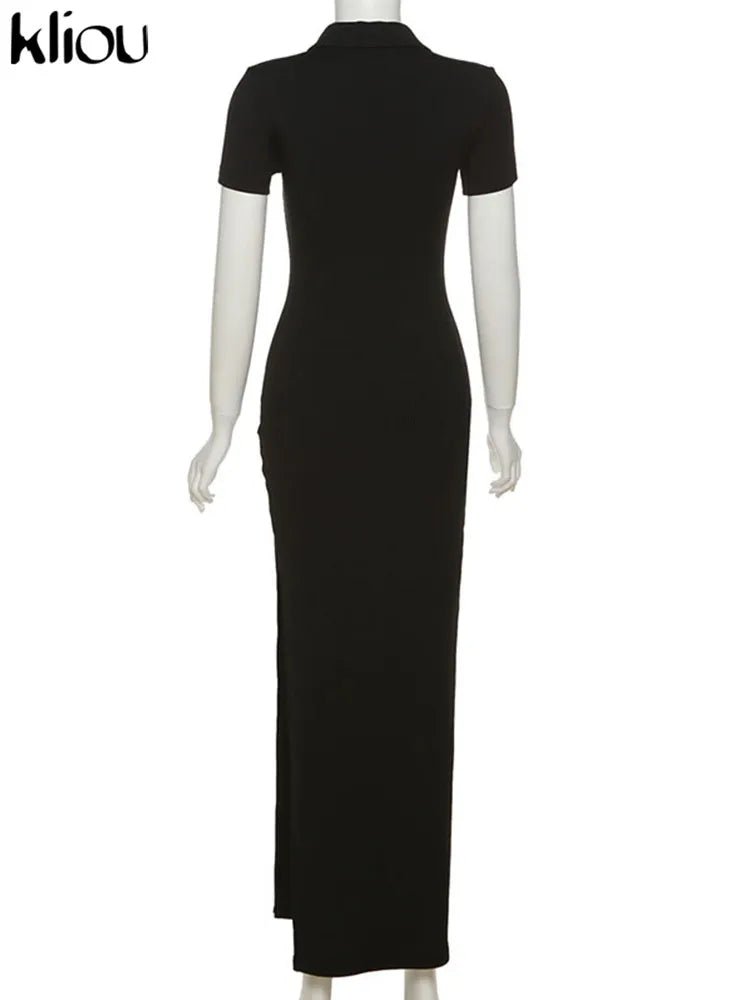 Classy Kliou Lady Dress. Button Side Slit Body, with Turn - down Collar Short Sleeve - Shaping - WAREHOUSE SHOP