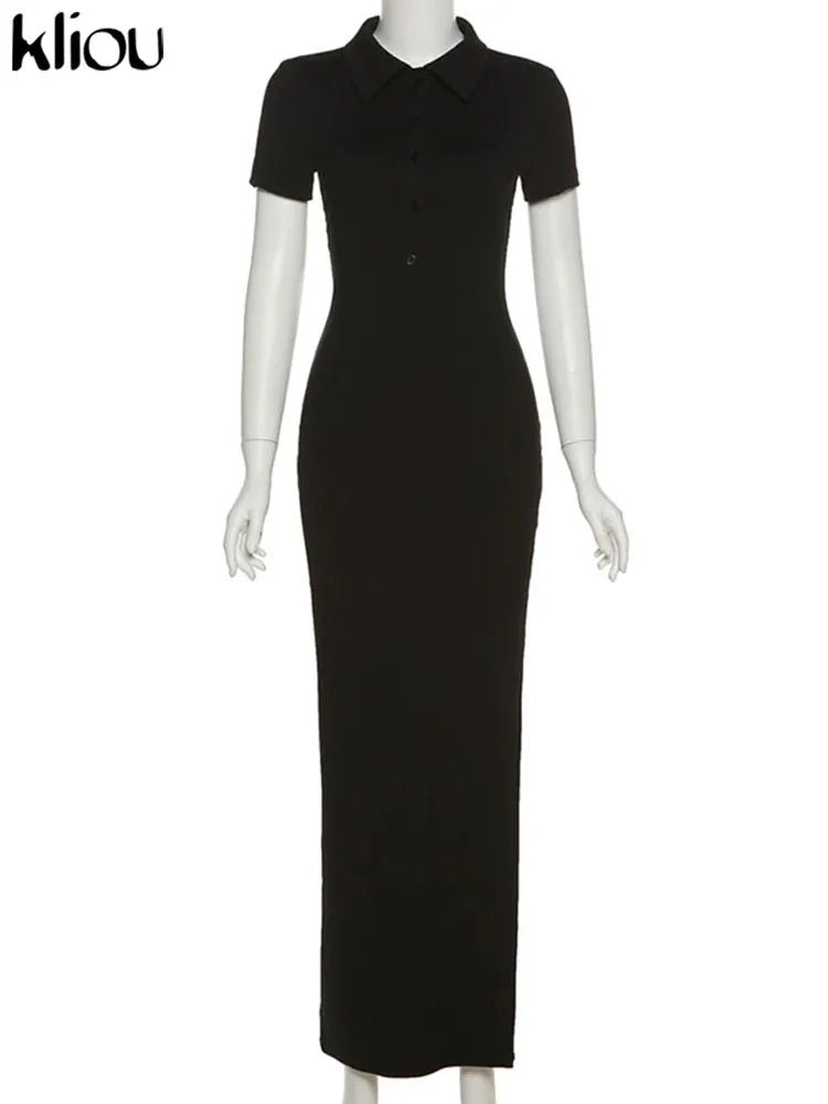 Classy Kliou Lady Dress. Button Side Slit Body, with Turn - down Collar Short Sleeve - Shaping - WAREHOUSE SHOP