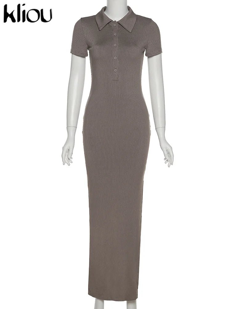 Classy Kliou Lady Dress. Button Side Slit Body, with Turn - down Collar Short Sleeve - Shaping - WAREHOUSE SHOP