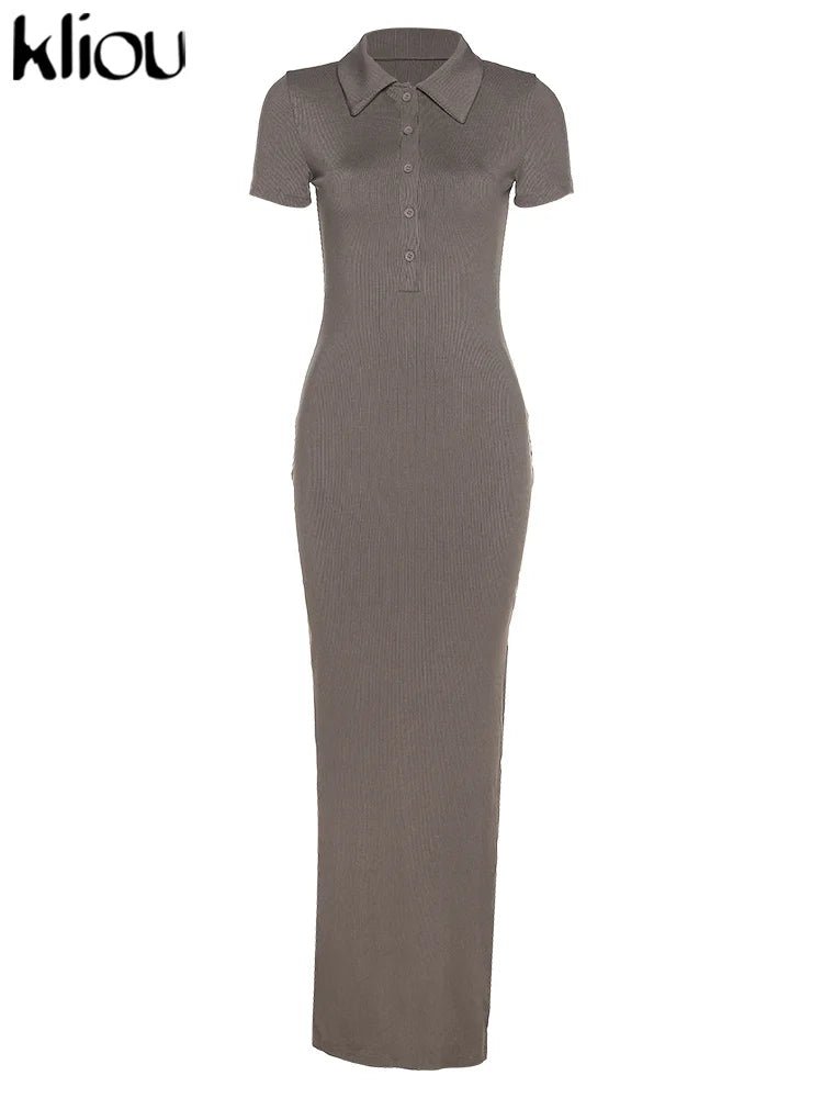 Classy Kliou Lady Dress. Button Side Slit Body, with Turn - down Collar Short Sleeve - Shaping - WAREHOUSE SHOP