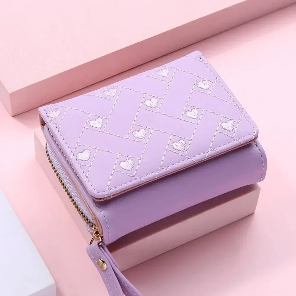 Compact women’s wallet featuring embroidered details, secure zipper buckle, spacious card storage, and a chic minimalist style. - WAREHOUSE SHOP