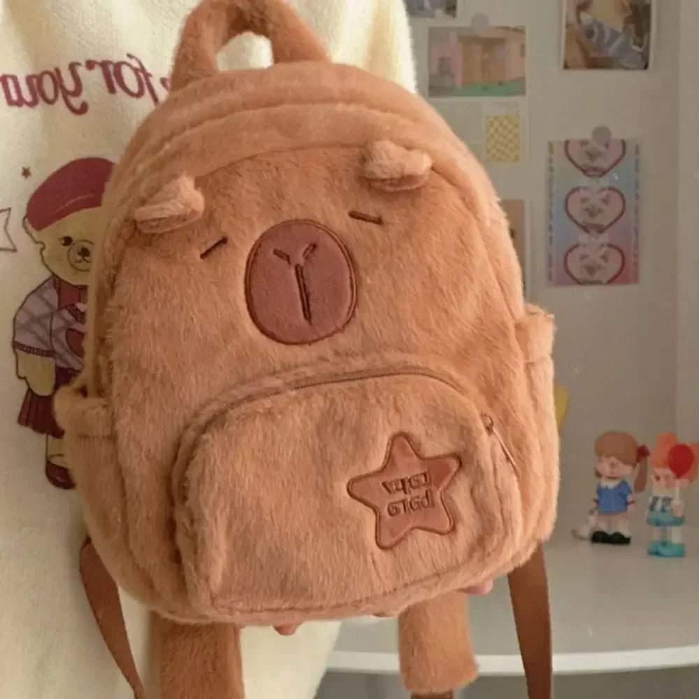 Cute Capybara plush backpack with large capacity and crossbody strap, perfect for school, anime fans, or casual everyday use - WAREHOUSE SHOP