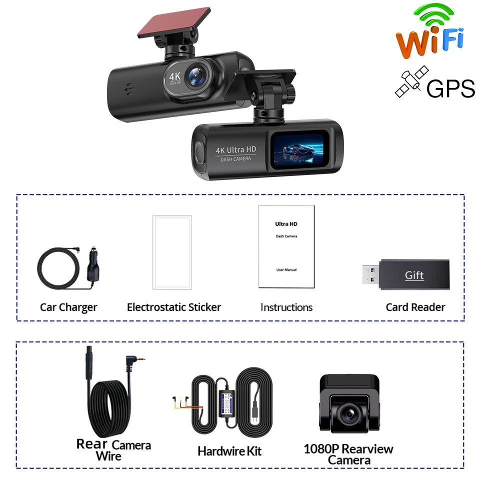 E - ACE UHD 4K Dashcam With GPS WiFi Night Vision 24h Parking Loop Dual Channel Recording 4K Front and 1080P Rear Dual Lens - WAREHOUSE SHOP