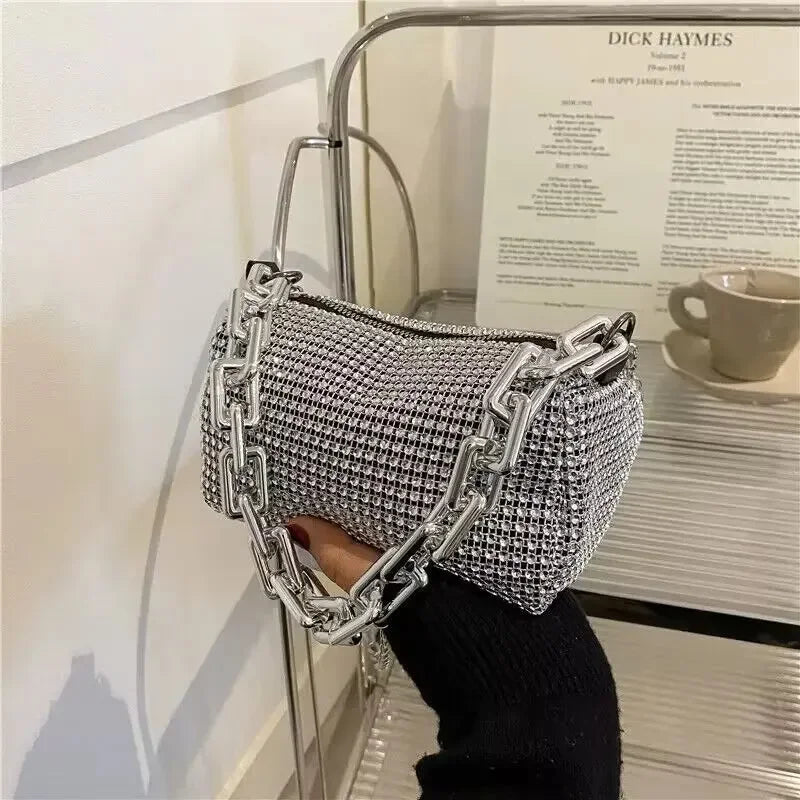 Glitter Chain Rhinestone Bucket Bag, Prom Purse, Women's Mini Crossbody Bag. - WAREHOUSE SHOP