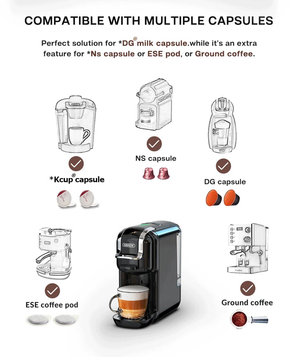 HiBREW Multiple Capsule Coffee Machine, Hot/Cold Dolce Gusto Milk Nespresso Capsule ESE Pod Ground Coffee Cafeteria 20Bar 5 in 1 - WAREHOUSE SHOP