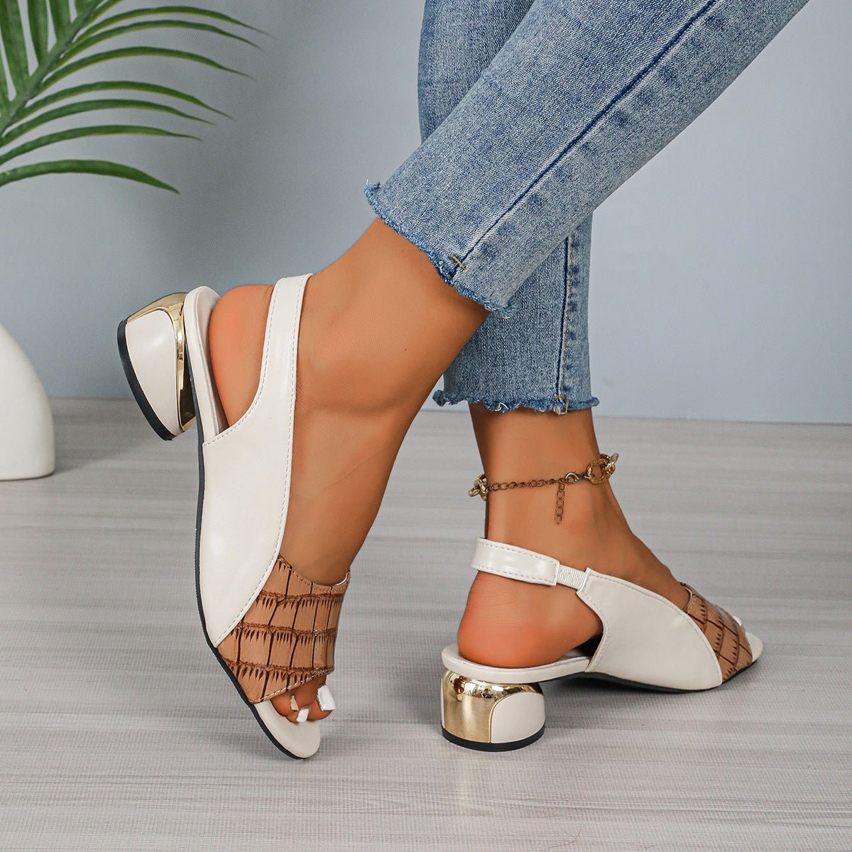 Ins Plaid Stone Pattern Sandals Summer Peep Toe Block Heels Ankle - strap Office Shoes For Women - WAREHOUSE SHOP