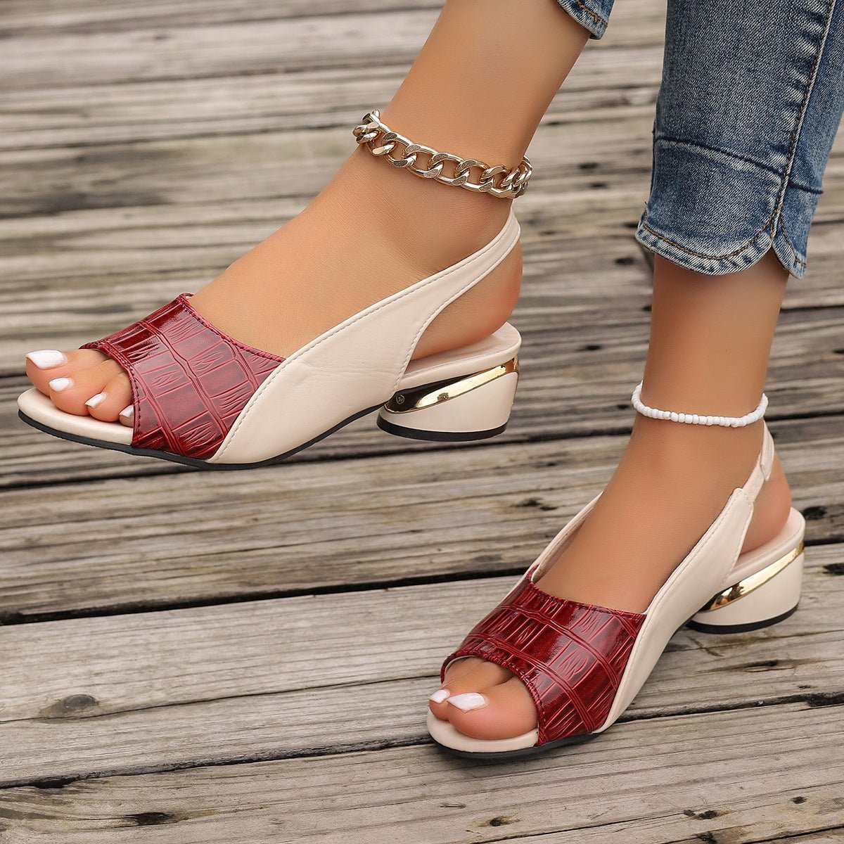 Ins Plaid Stone Pattern Sandals Summer Peep Toe Block Heels Ankle - strap Office Shoes For Women - WAREHOUSE SHOP