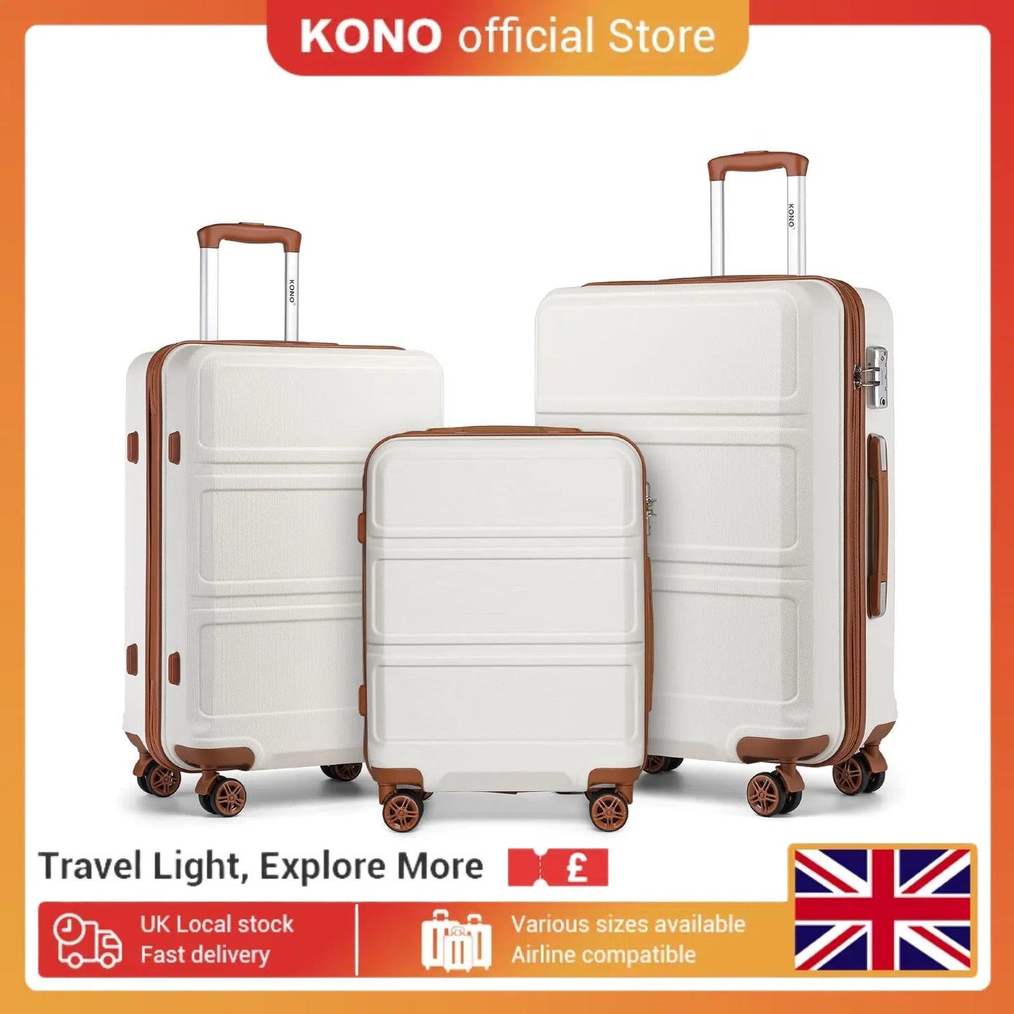 Kono Lightweight Cabin Suitcase - 20/24/28 Inch ABS Hard Shell, Fits EasyJet Under Seat, large - Compact Carry - On Trolley Case - WAREHOUSE SHOP