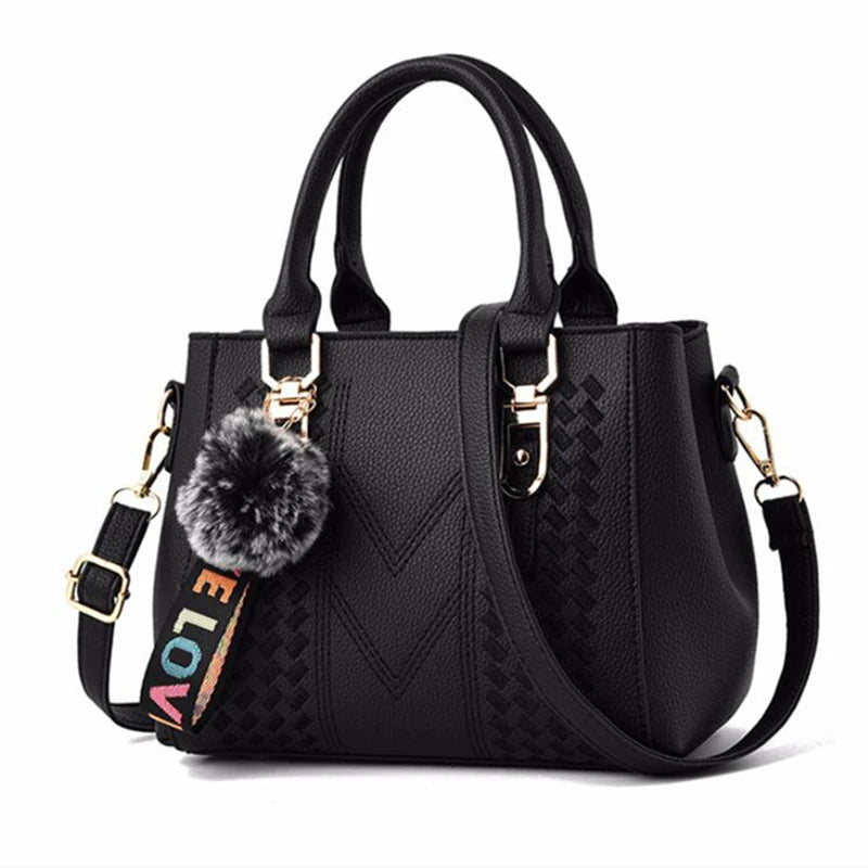 Leather embroidery messenger bag with stylish design, spacious handbag, and chic hair ball detail – perfect everyday sac à main. - WAREHOUSE SHOP