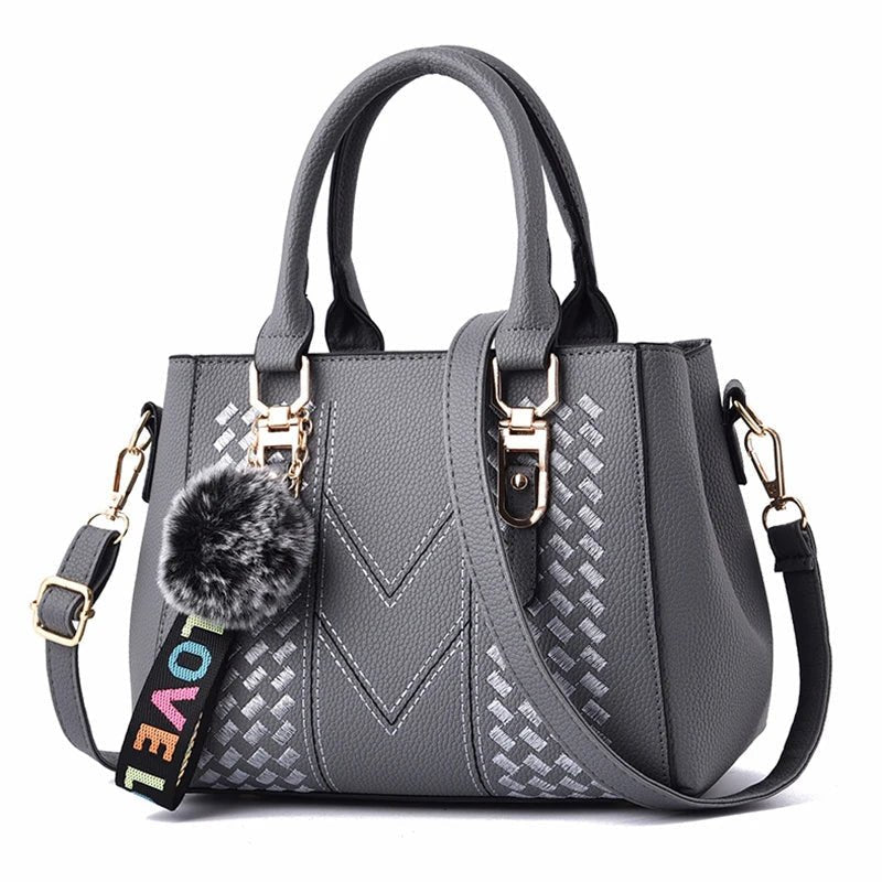 Leather embroidery messenger bag with stylish design, spacious handbag, and chic hair ball detail – perfect everyday sac à main. - WAREHOUSE SHOP