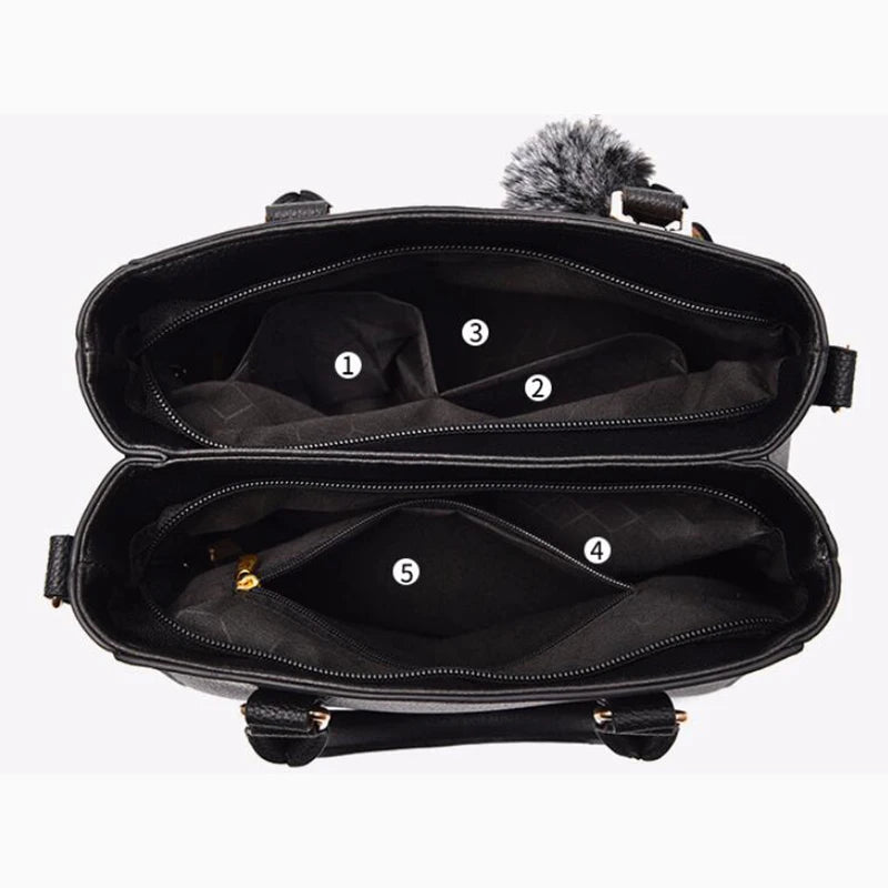 Leather embroidery messenger bag with stylish design, spacious handbag, and chic hair ball detail – perfect everyday sac à main. - WAREHOUSE SHOP