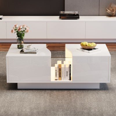 Led Coffee Table With 2 Drawer Storage, High Gloss Coffee Table For Living Room Unique Shape Centre Table With 16 - Color Led Lights,End Table For Home Office Furniture, White - WAREHOUSE SHOP