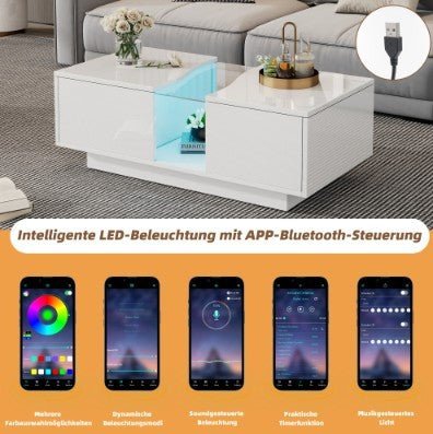 Led Coffee Table With 2 Drawer Storage, High Gloss Coffee Table For Living Room Unique Shape Centre Table With 16 - Color Led Lights,End Table For Home Office Furniture, White - WAREHOUSE SHOP