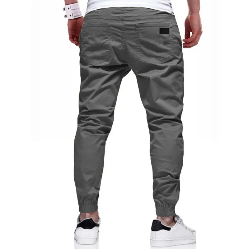 Men’s cargo pants, Slim fit, elastic waist & drawstring design. Solid straight trousers with pockets for casual autumn wear. - WAREHOUSE SHOP