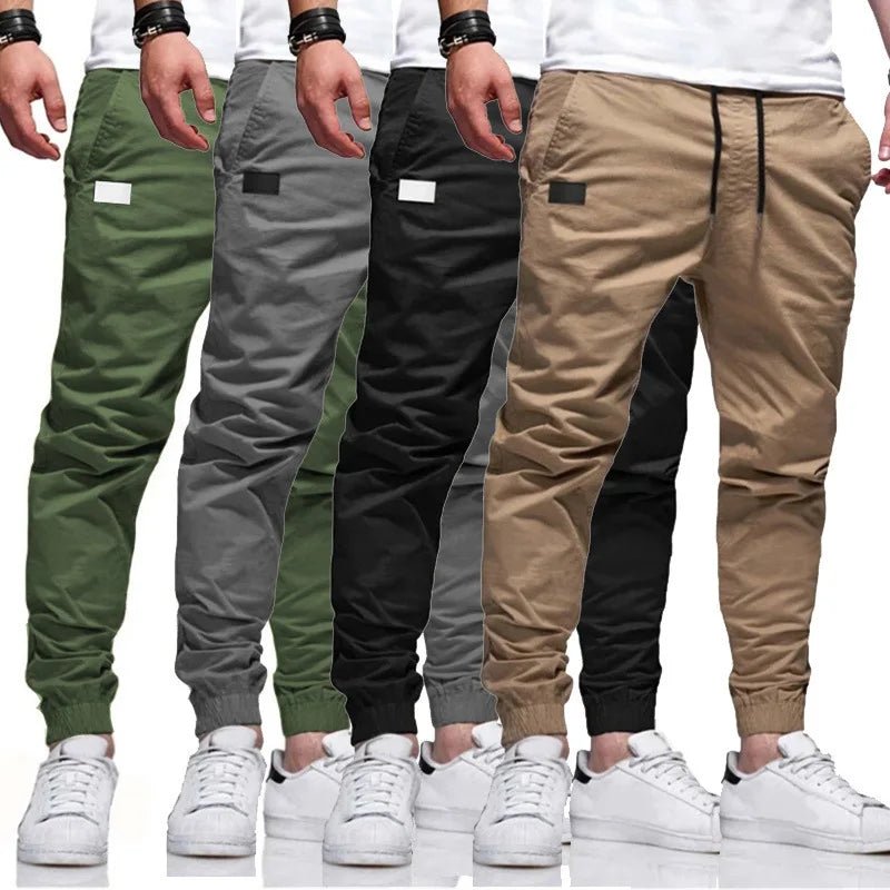 Men’s cargo pants, Slim fit, elastic waist & drawstring design. Solid straight trousers with pockets for casual autumn wear. - WAREHOUSE SHOP