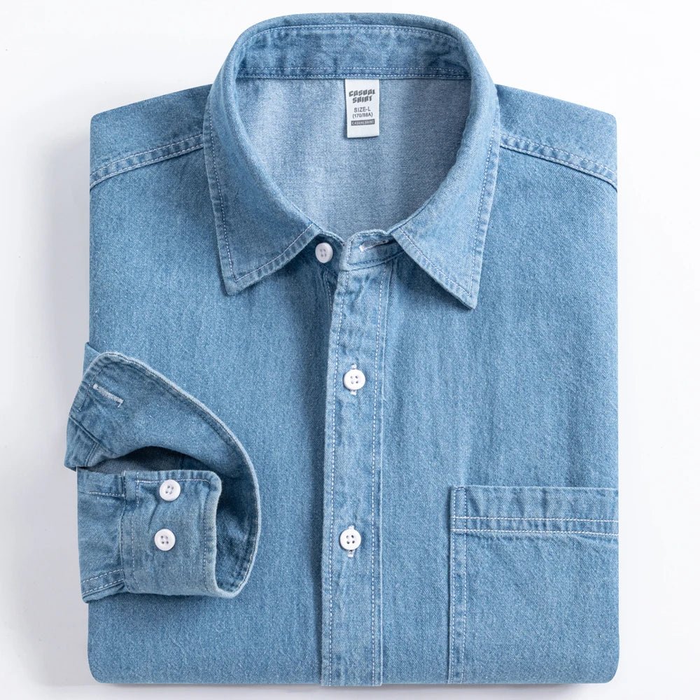 Men's Denim Casual Long Sleeve Pocket Shirt. Regular - Fit Comfortable Soft. 100% Cotton Washed Durability - WAREHOUSE SHOP
