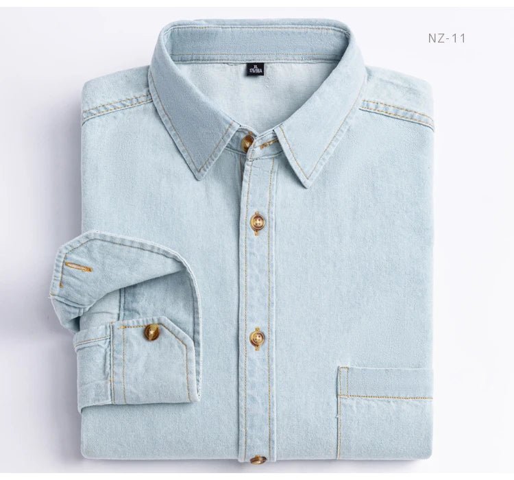 Men's Denim Casual Long Sleeve Pocket Shirt. Regular - Fit Comfortable Soft. 100% Cotton Washed Durability - WAREHOUSE SHOP