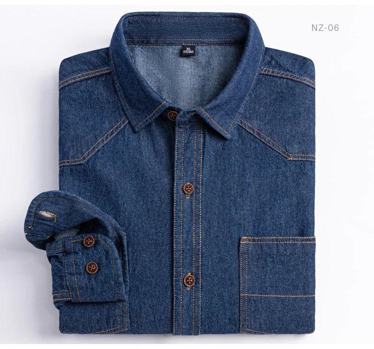 Men's Denim Casual Long Sleeve Pocket Shirt. Regular - Fit Comfortable Soft. 100% Cotton Washed Durability - WAREHOUSE SHOP