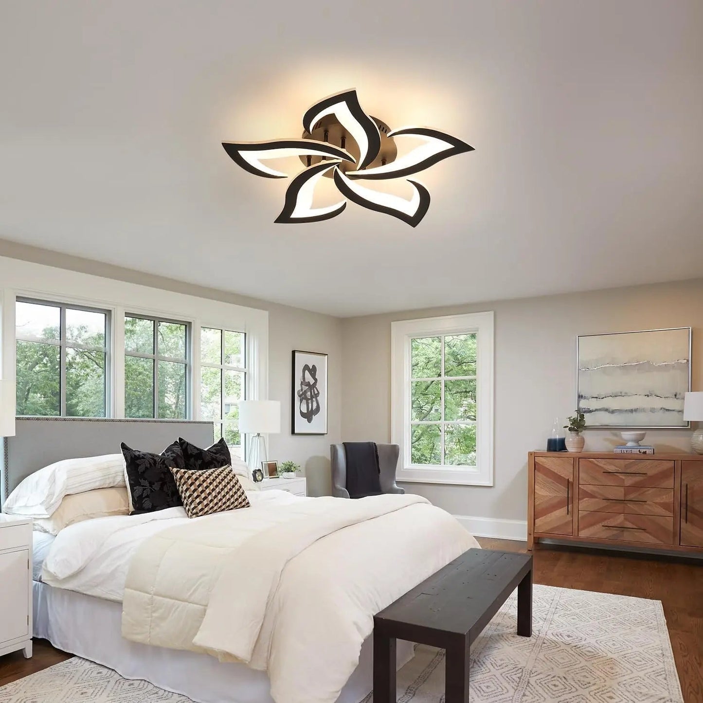 Modern Led Ceiling Light,60W Creative Petals Design Ceiling Light,Acrylic Ceiling Lamp,for Living Room Diameter Black 3000K - WAREHOUSE SHOP