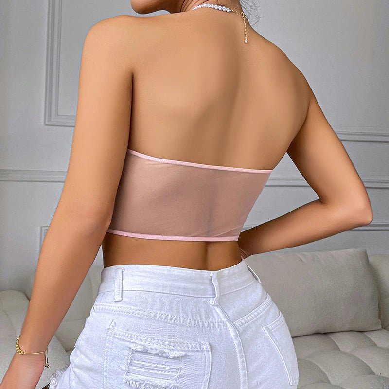 New Creative Fashion Cropped Sexy Pleated Mesh See Through Tight Pink Corset with Bra Youth Women's Strapless Top 2000s Clothes - WAREHOUSE SHOP