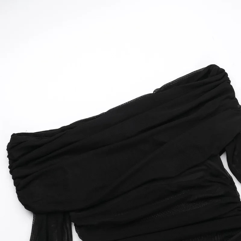 New Solid Color Long Sleeve, Off Shoulder, Dresses. See Through Ruched Patchwork Long Dresses - WAREHOUSE SHOP