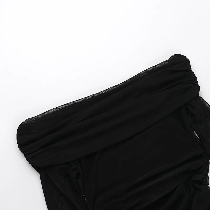 New Solid Color Long Sleeve, Off Shoulder, Dresses. See Through Ruched Patchwork Long Dresses - WAREHOUSE SHOP