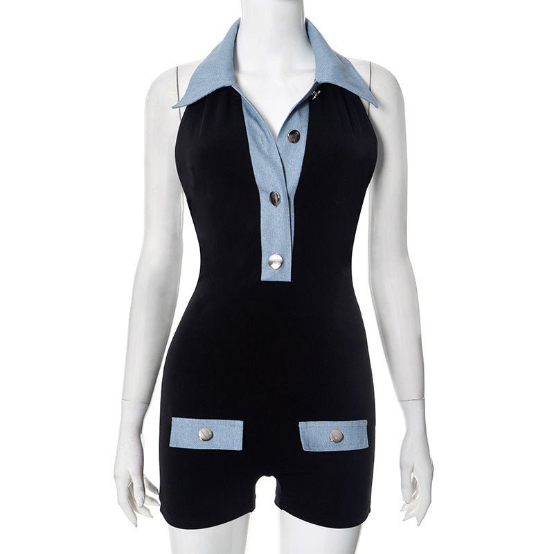Polo Collar Denim Contrast Colors Slimming Women's Clothing One - piece Shorts - WAREHOUSE SHOP
