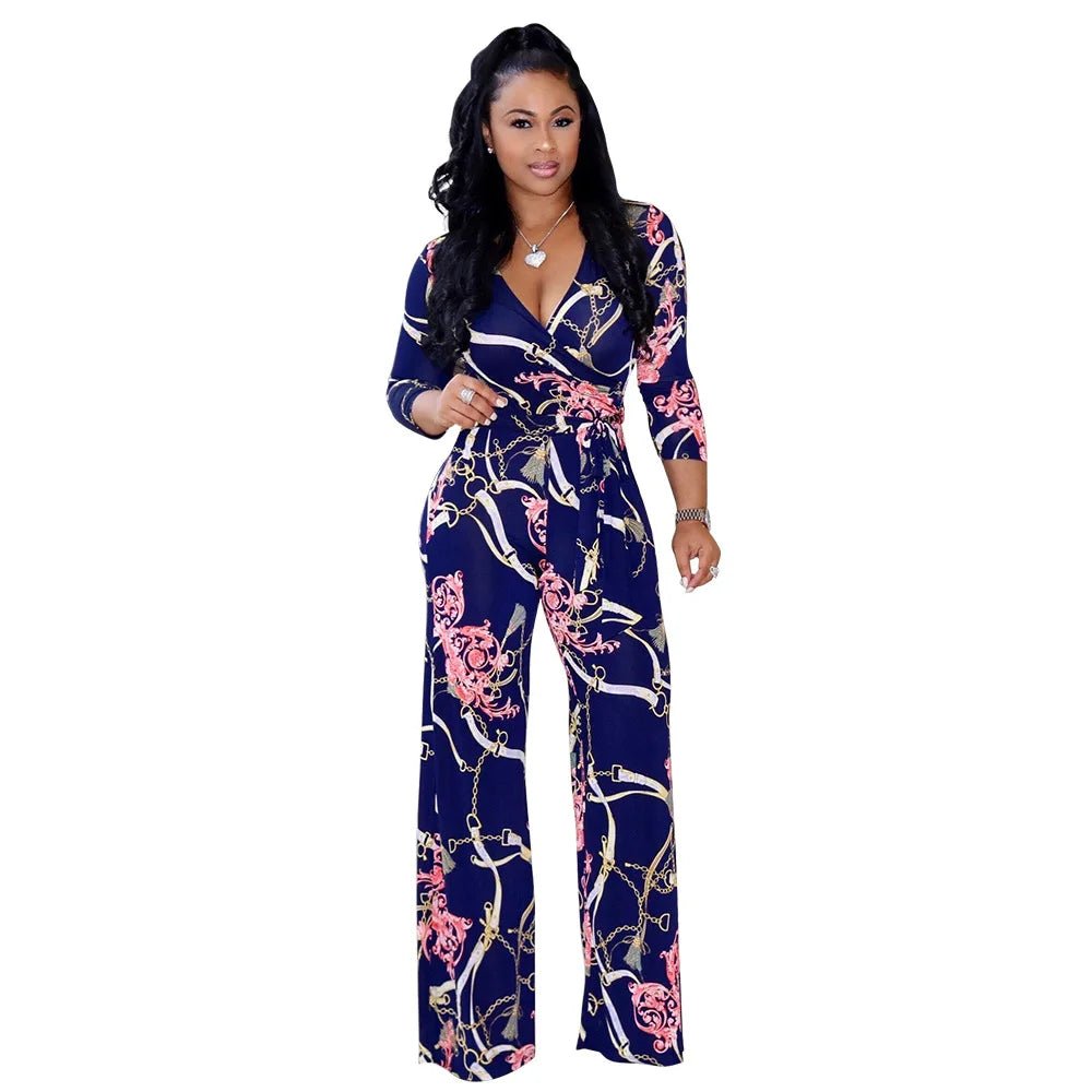 Sexy women jumpsuit V - neck long sleeved printed jumpsuit For Women - WAREHOUSE SHOP