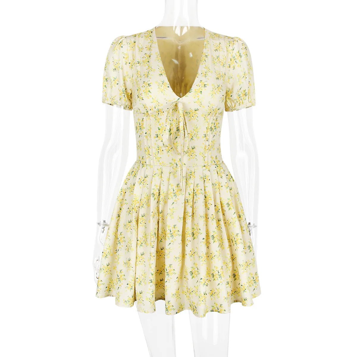Talenza Printed V - Neck Short Sleeve Mini Dress Women's Summer Sexy Floral Pleated Party A - Line Dress High Waist Slim Mini Dress - WAREHOUSE SHOP