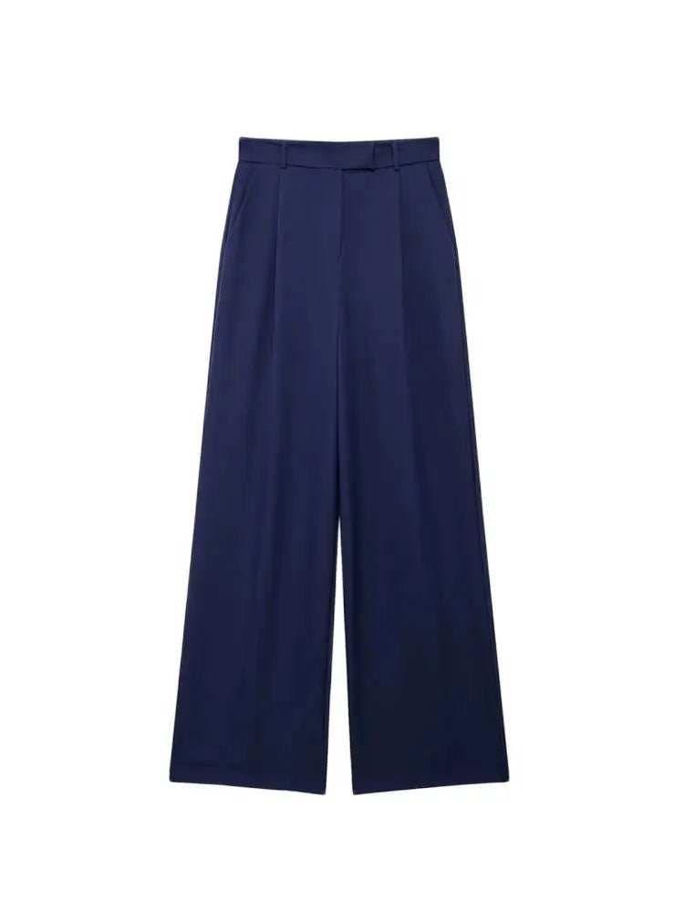 TRZA Women Fashion With Darts Front Pockets Wide Leg Pants Vintage High Waist Zipper Fly Female Trousers Mujer - WAREHOUSE SHOP