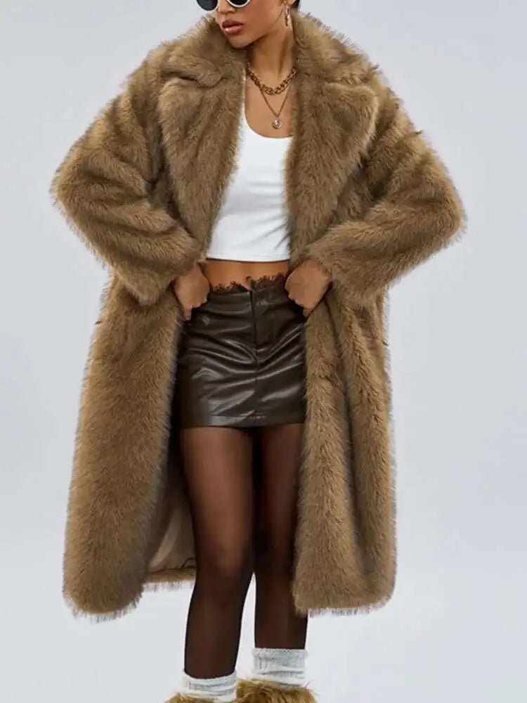 UCXQ elegant women’s faux fur winter coat with lapel collar, soft warm fabric, and loose casual silhouette - WAREHOUSE SHOP