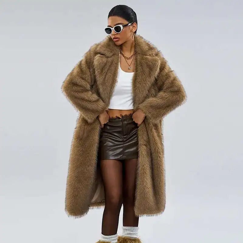 UCXQ elegant women’s faux fur winter coat with lapel collar, soft warm fabric, and loose casual silhouette - WAREHOUSE SHOP