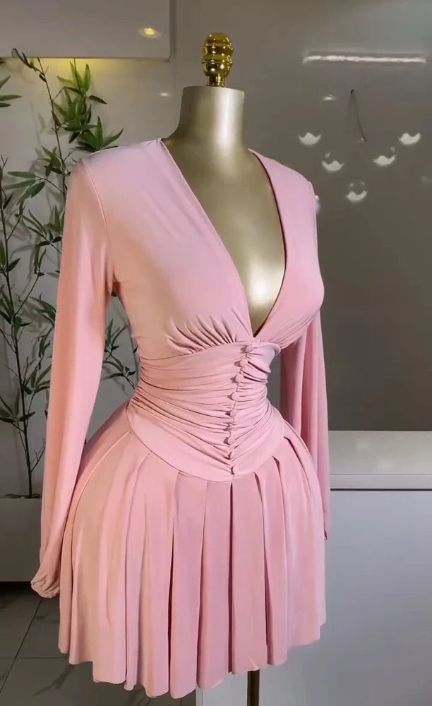 Women Elegant V - Neck Long Sleeve Pleated Dress 2025 Buttons Tunic Waist Sexy Evening Party Luxury Casual Short A Line Dresses - WAREHOUSE SHOP